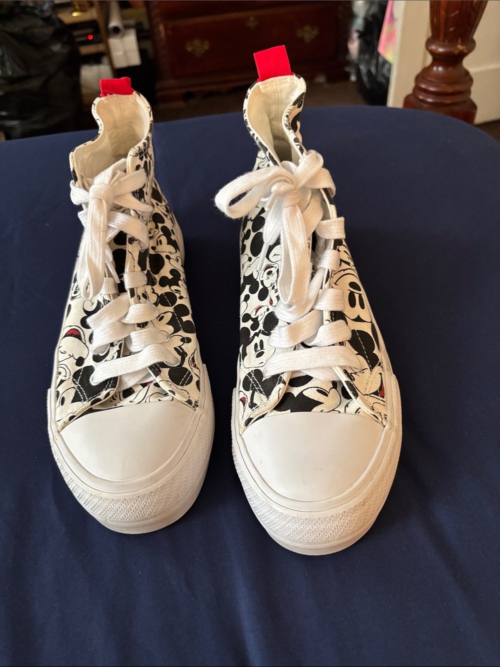Disney Black & White Mickey Print High-Top Sneakers with Red Pull Tab